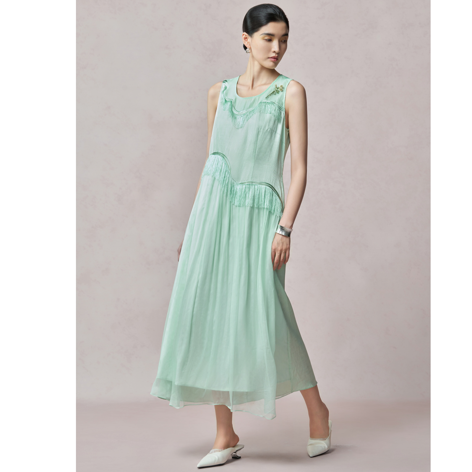 长裙不褪色粉色天丝亚麻连衣裙无袖春夏宽松吊带裙N1953133