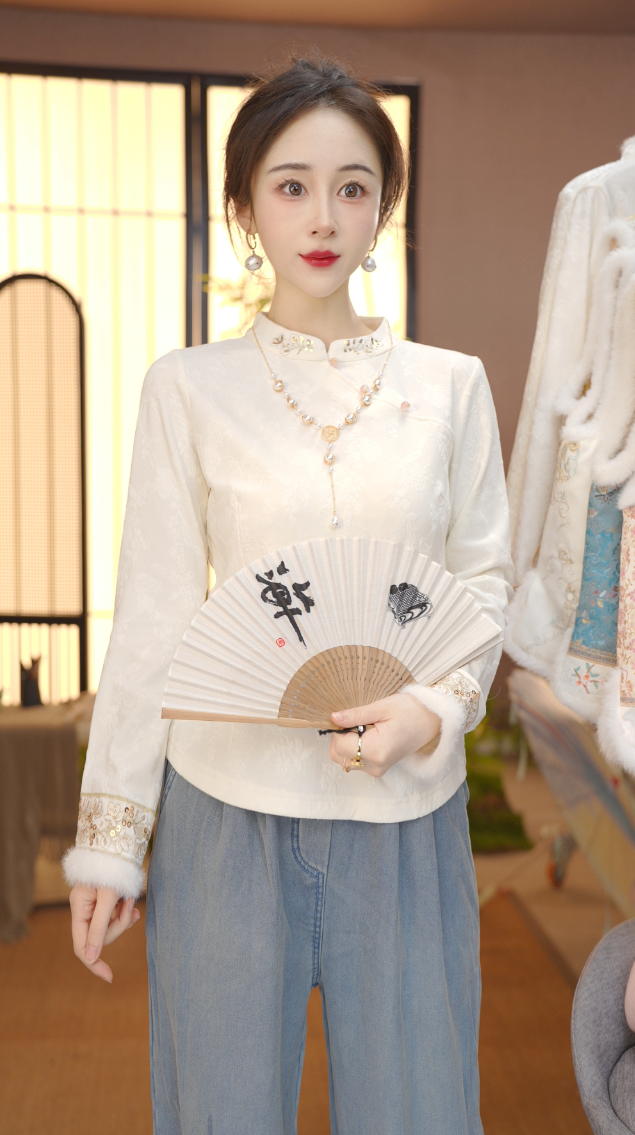 秋冬季新款中式提花精致百搭上衣拼接水貂毛FB251121