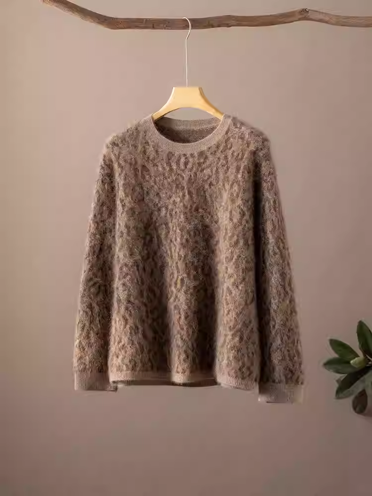 萌萌家/国货 KVSS 100%山羊绒衫2/26支豹纹提花拉绒圆领套头衫