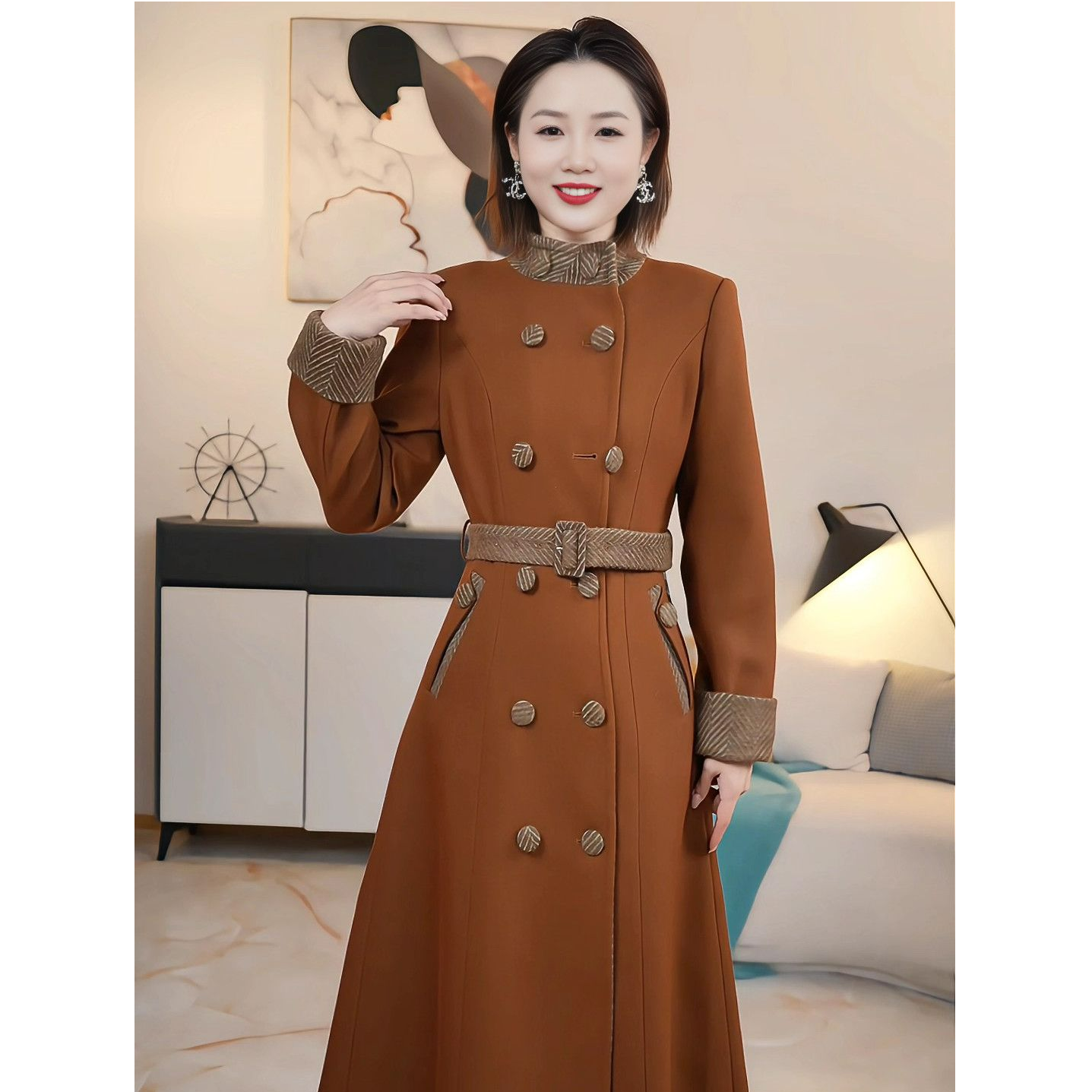 秋冬新款复古立领撞色拼接收腰绑带加厚双排扣外套连衣裙