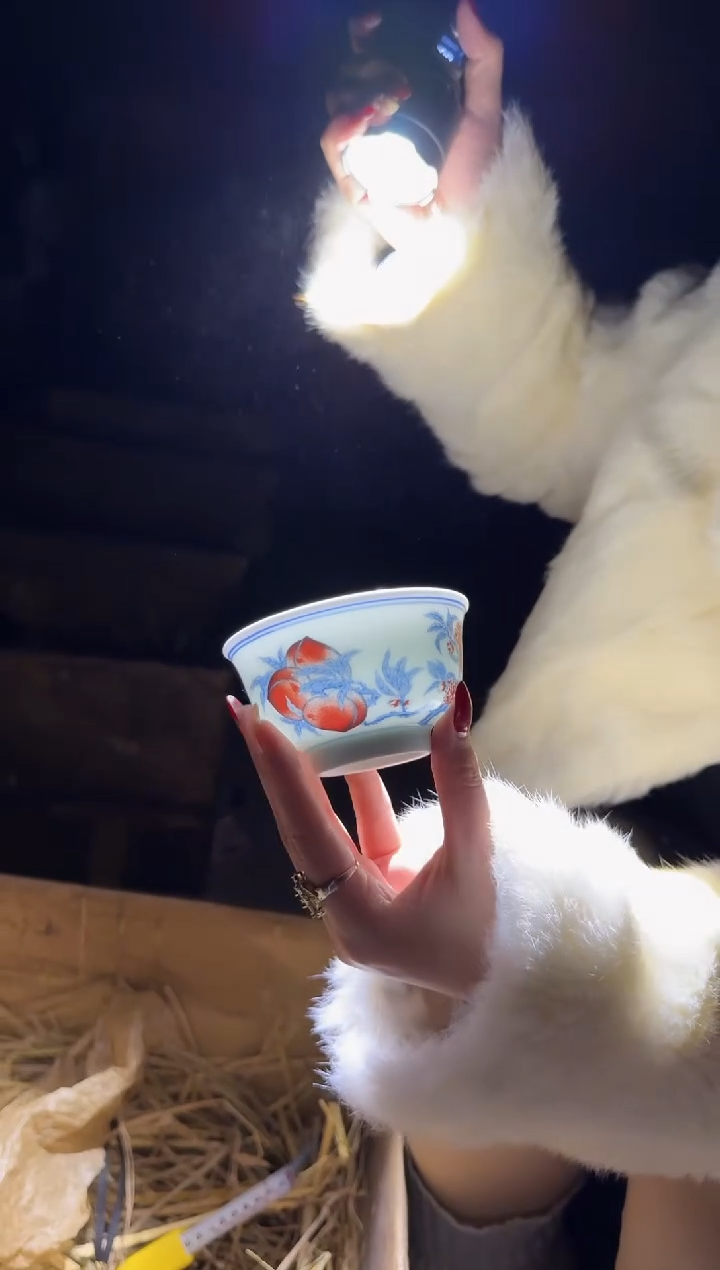 杯子陶瓷绿稀3.5英寸青花釉里红寿桃茶碗+礼盒