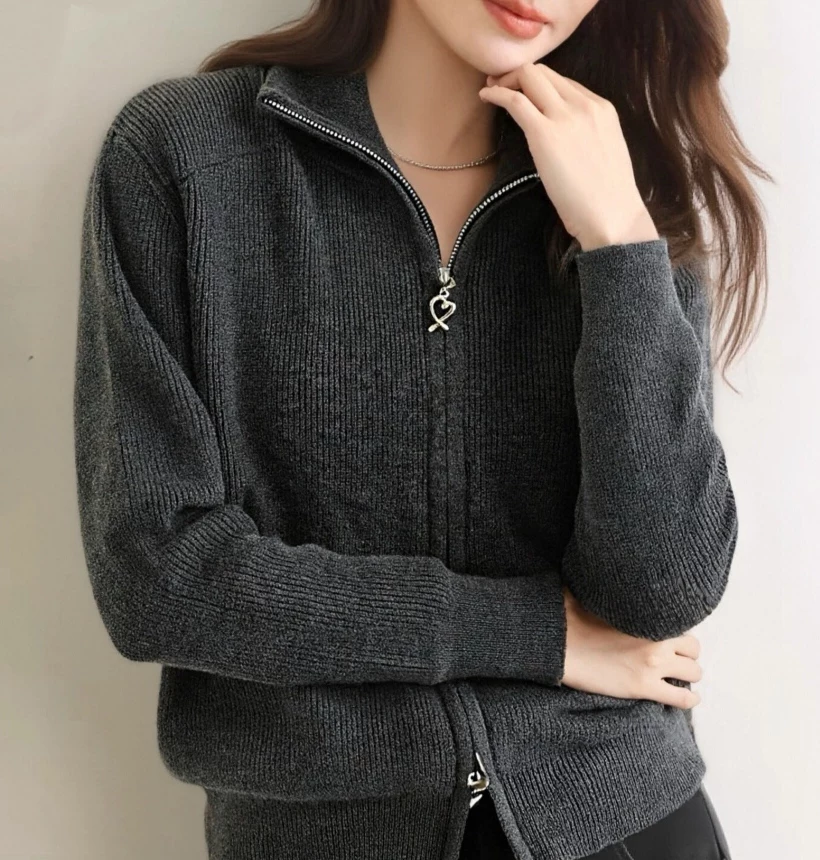 6871秋冬新款双头拉链宽松立领针织开衫R