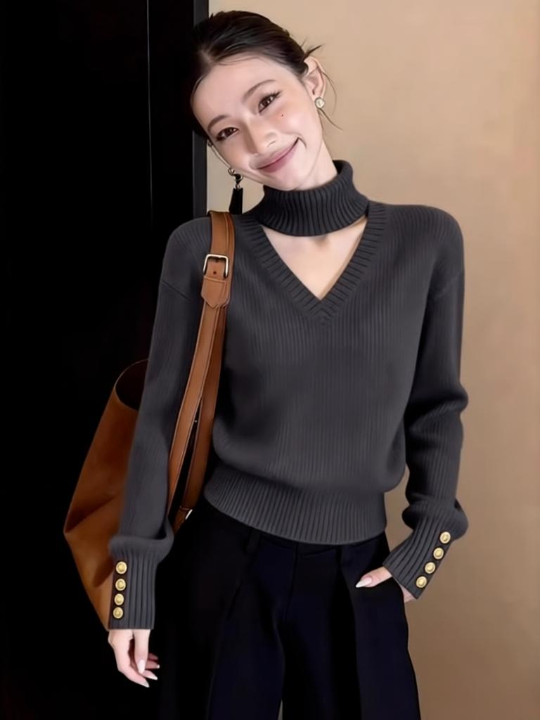 洋气慵懒风套头高领毛衣女秋冬新款镂空设计软糯显瘦上衣针织衫女