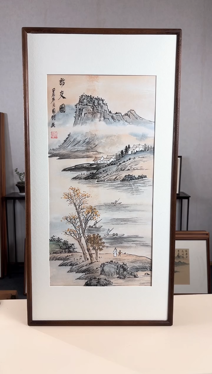 【闪购商品】国画手绘*访友图*47*92cm实木框
