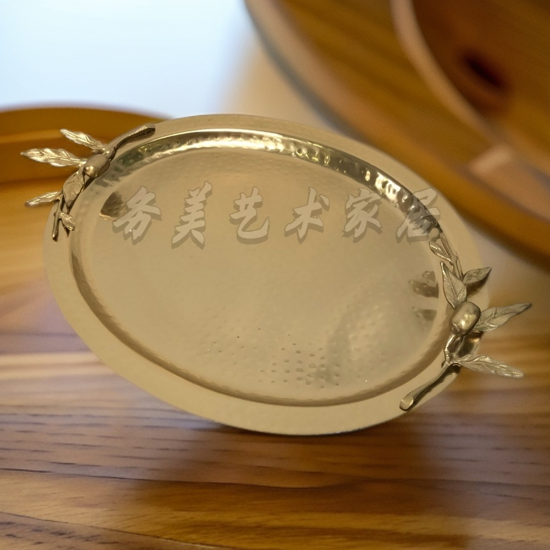 务美艺术】中古黄铜榛果椭圆托盘不锈钢铜盘桌面铜摆件（08140）