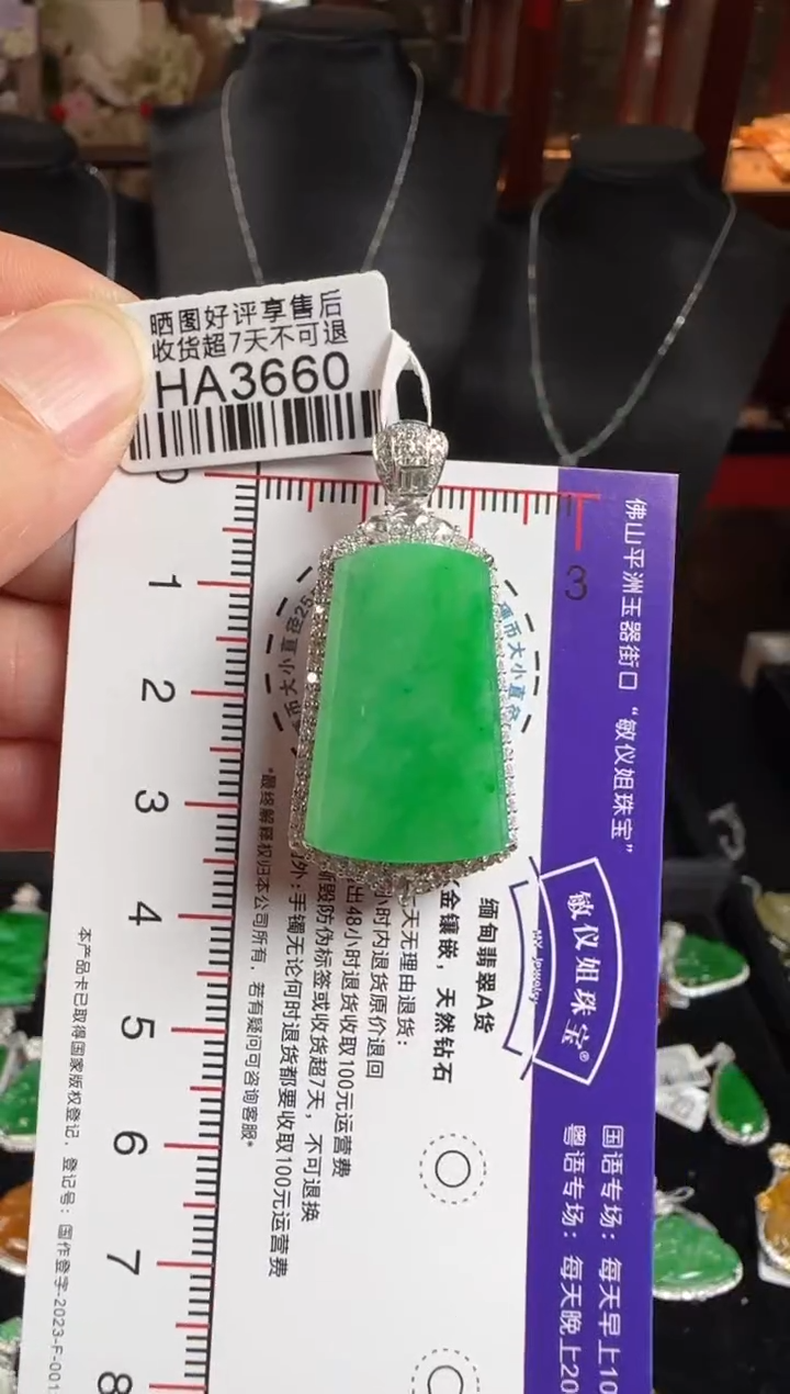 颈饰18K金镶嵌翡翠HA3660冰绿无事牌