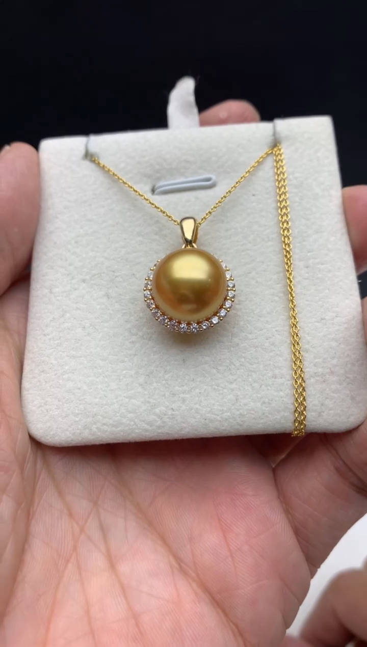 银S925镶嵌ff海水珍珠金珠吊坠(赠链）13~14mm