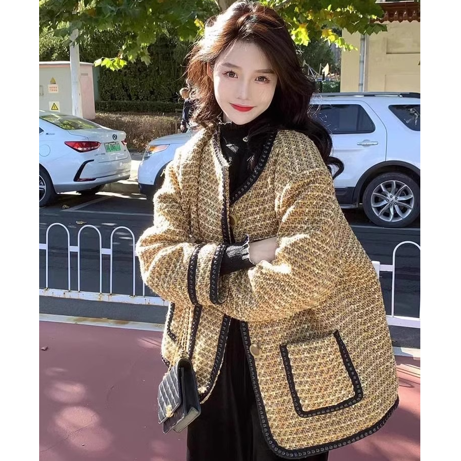 17275法式名媛小香风外套女秋冬大码微胖高级感气质显瘦开衫上衣