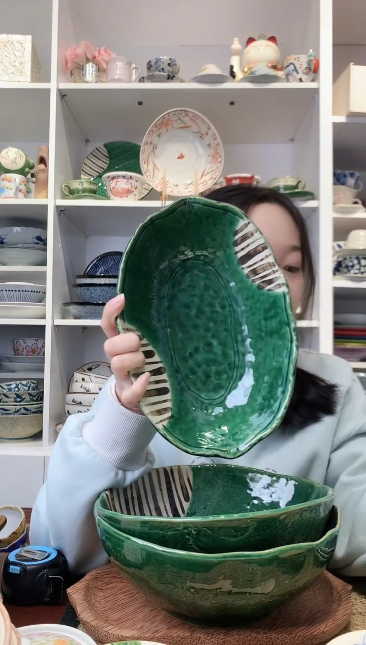 陶瓷濑户烧织部十草大叶型深盘25cm