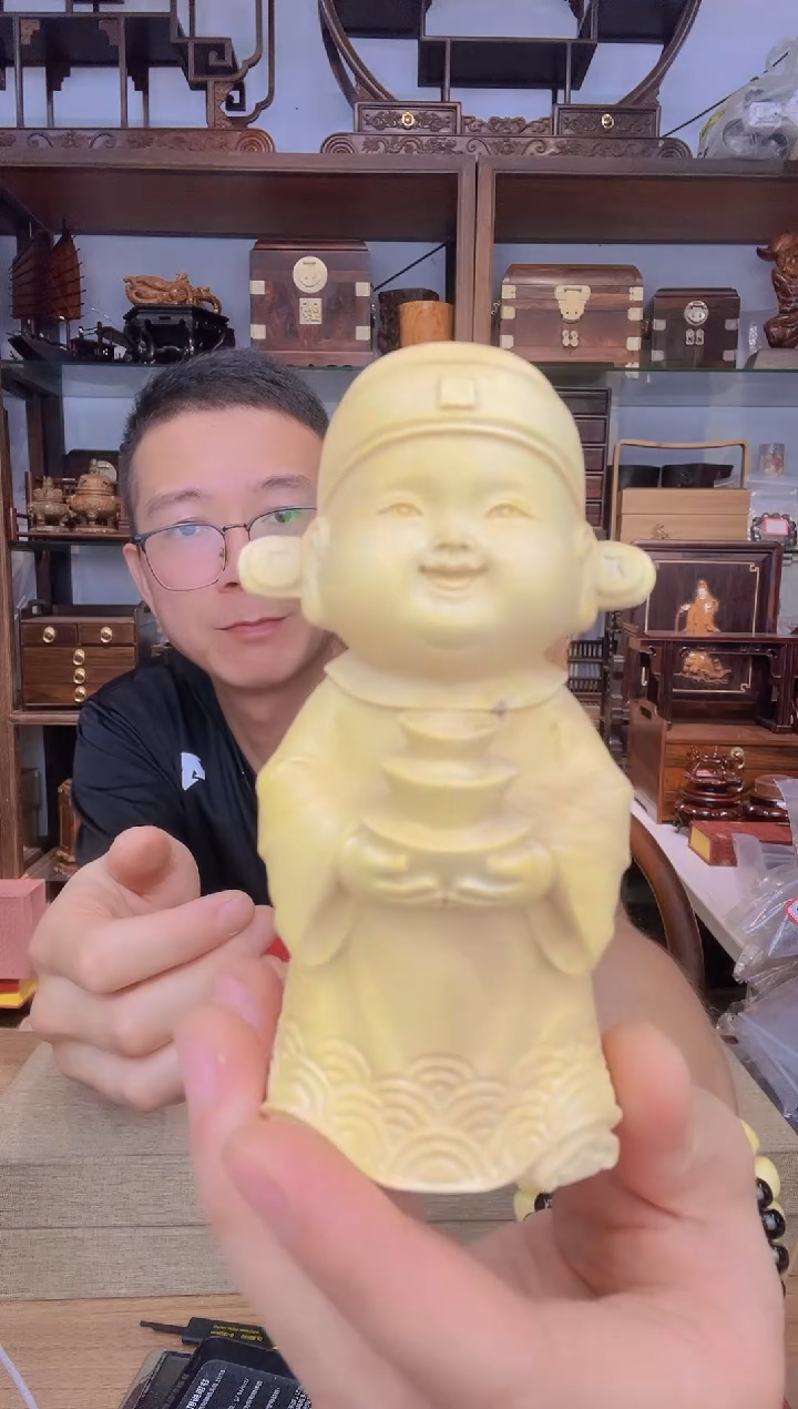 乌木类书架257小叶黄杨财神摆件  瑕疵