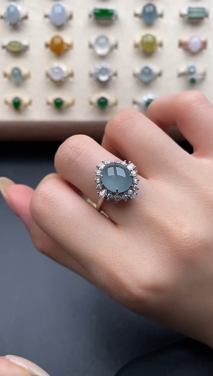 银S925镶嵌戒指翡翠一物一证一礼盒