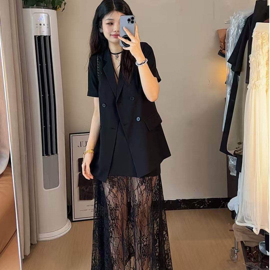 韩系轻奢气质套装裙女夏季短袖西装上衣轻薄透气蕾丝拼接半身裙