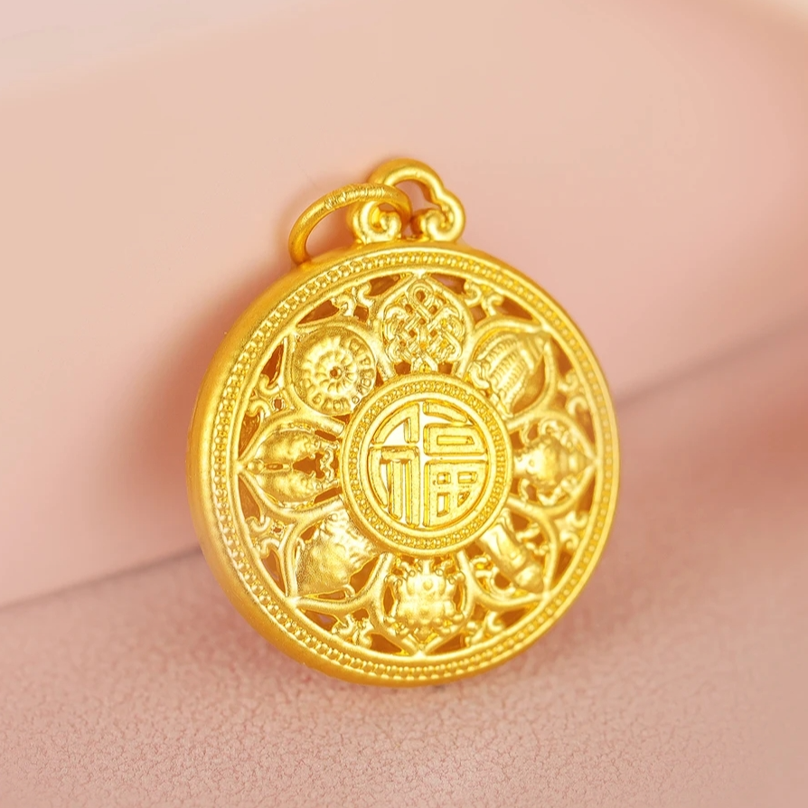 明牌珠宝楼哥甄选足金999古法传家金 八宝复古卡25mm多样性发货