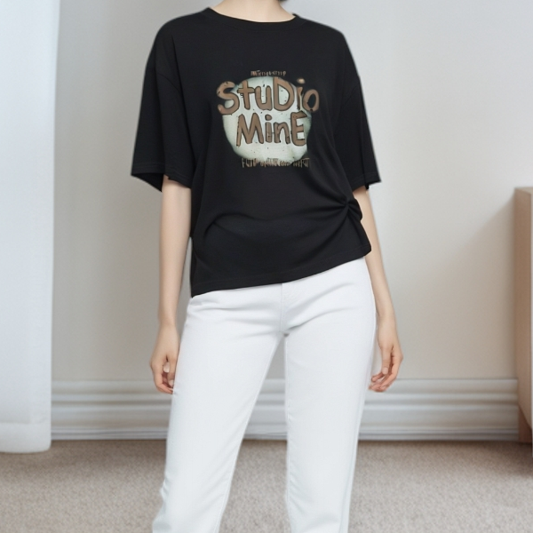 A2939黑ST英文印花不规则T恤