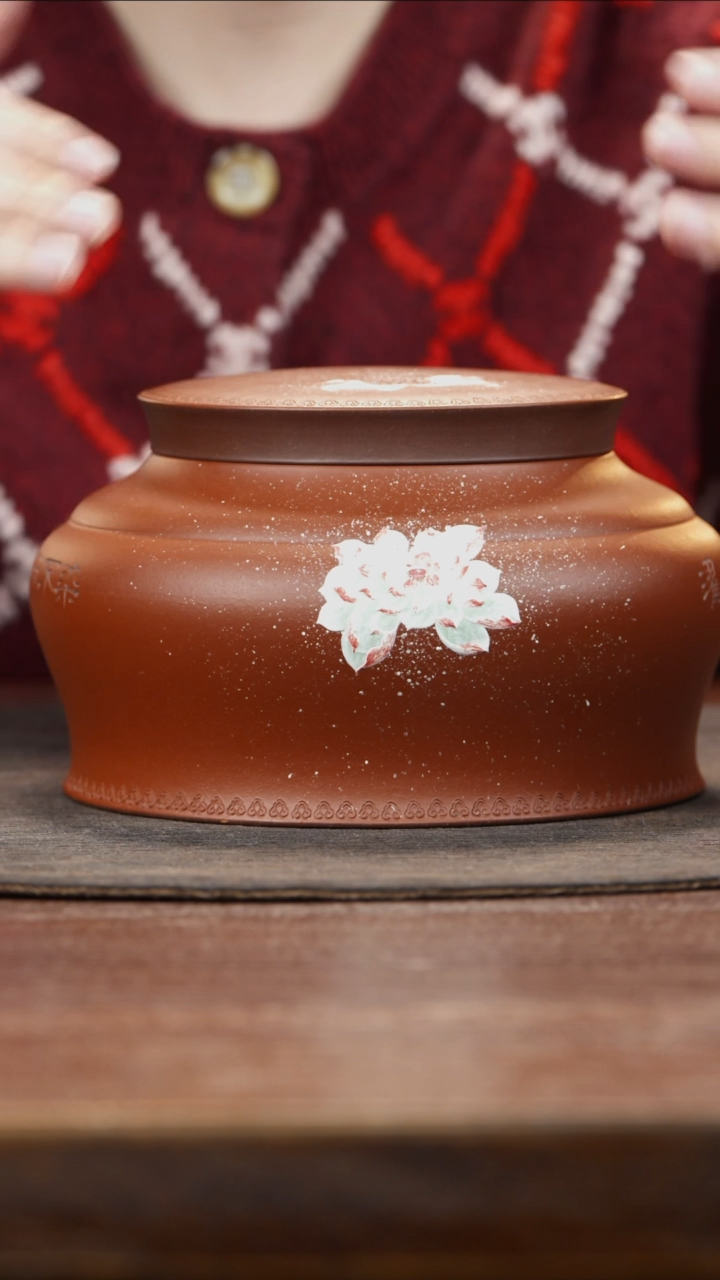 【闪购商品】紫砂茶叶罐平盖朱泥泥绘荷花茶叶罐