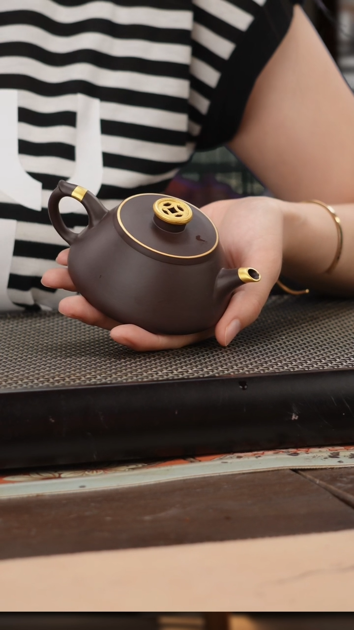 茶壶紫砂四号井茄皮紫泥描金钱币钮飞把石瓢160cc