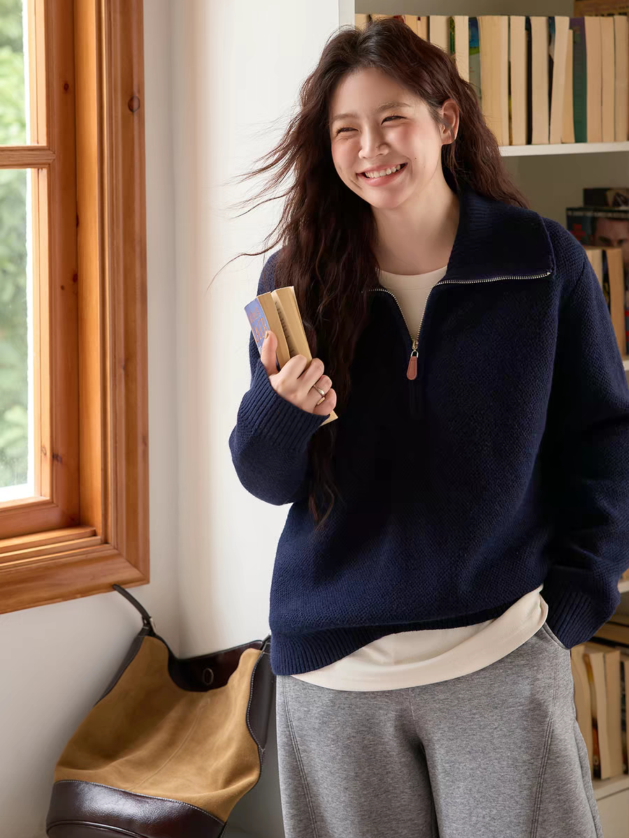 秋冬新韩式减龄女装翻领宽松百搭卡通图案休闲软糯针织衫2637