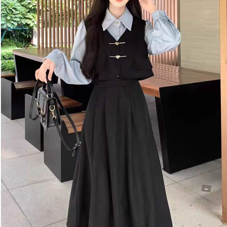 大码时尚气质假两件藏肉收腰显瘦大码连衣裙