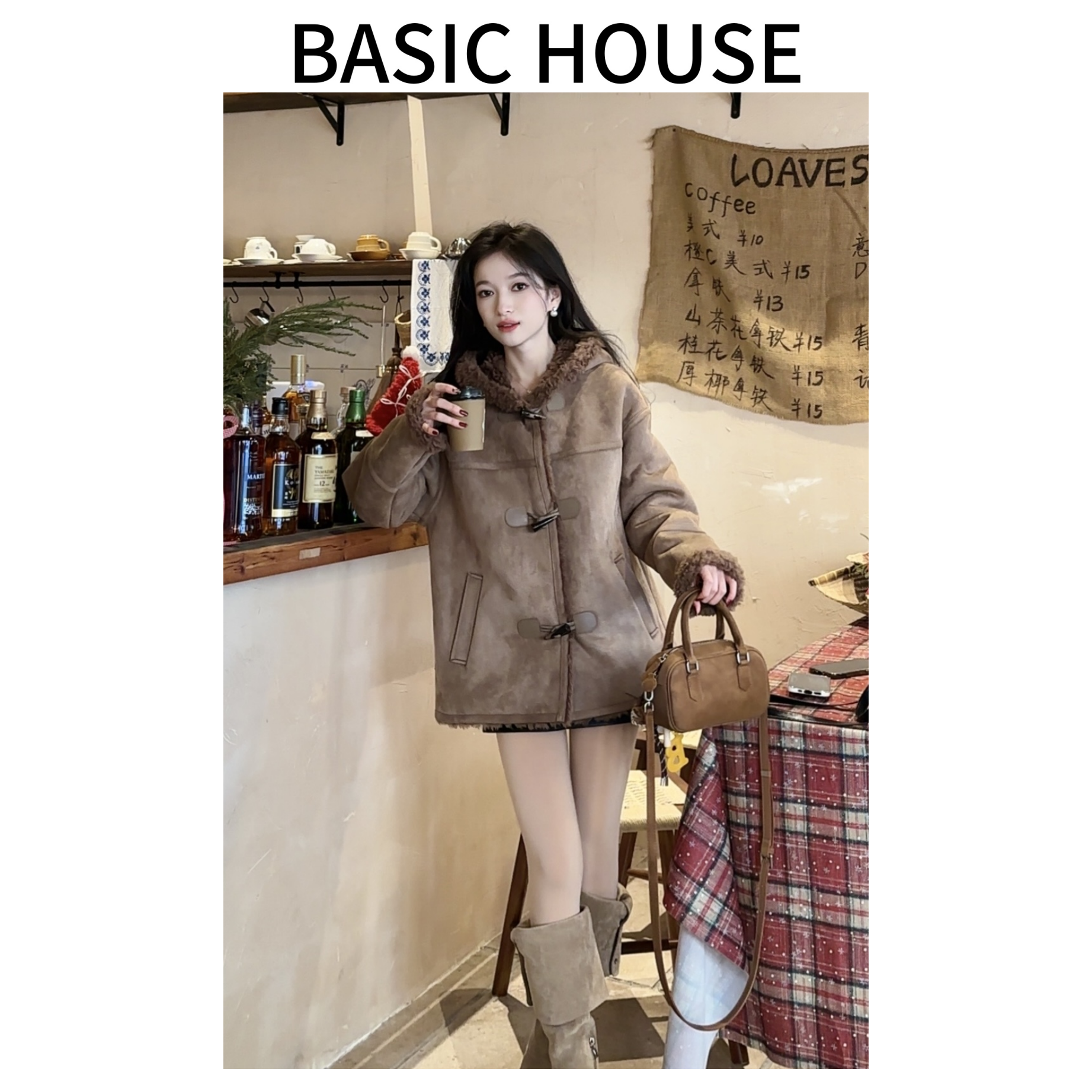 Basic House/百家好新款羊毛冬季带帽外套轻奢高端百搭短款大衣C