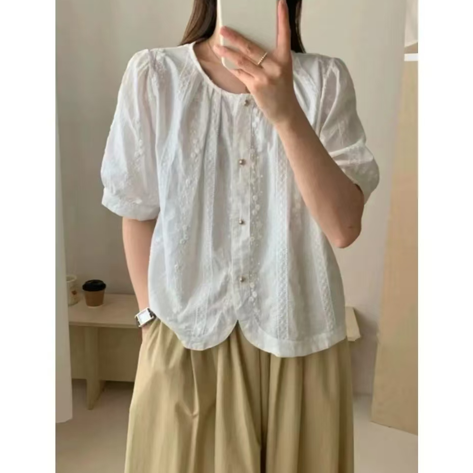 2025夏季新款韩版圆领宽松显瘦小衫设计感小众短袖上衣2812-1长56