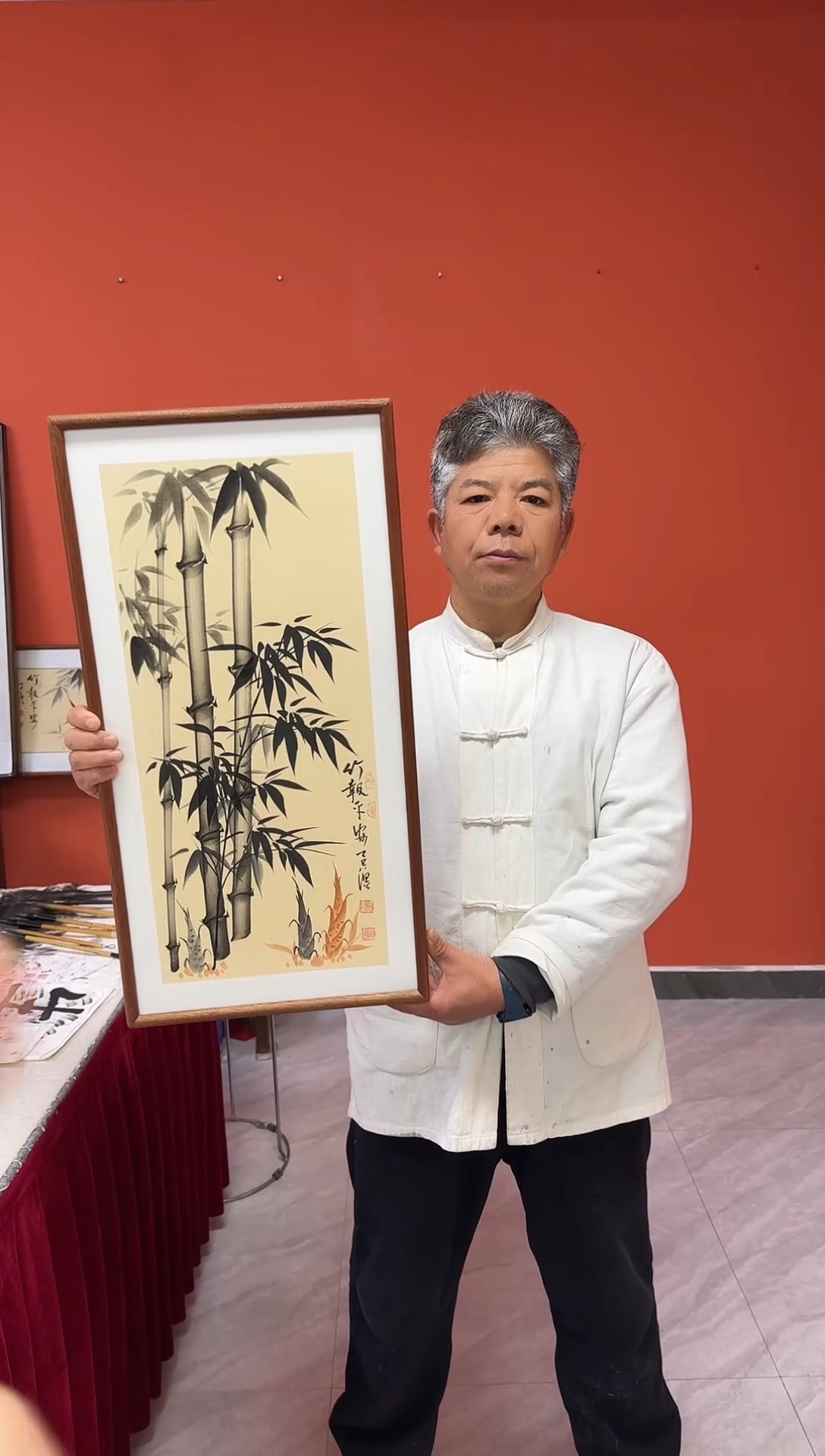 书法张富民手绘作品/竹报平安//古宣（（乌檀木外框）35*70cm左右