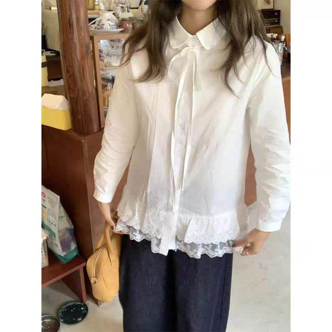 薄款蕾丝秋季白色衬衫女POLO领衬衫内搭拼接时尚气质百搭外套