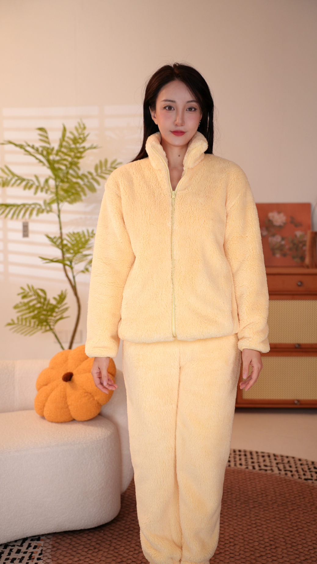 【男女同款】纯色保暖厚款长裤睡衣家居服套装冬款休闲毛绒睡衣女