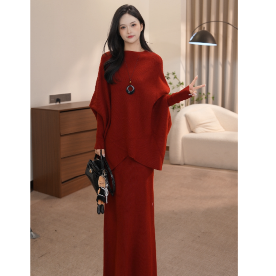 vco/微酷极简风时尚轻熟风中国风长袖时尚套装中长款裙子针织