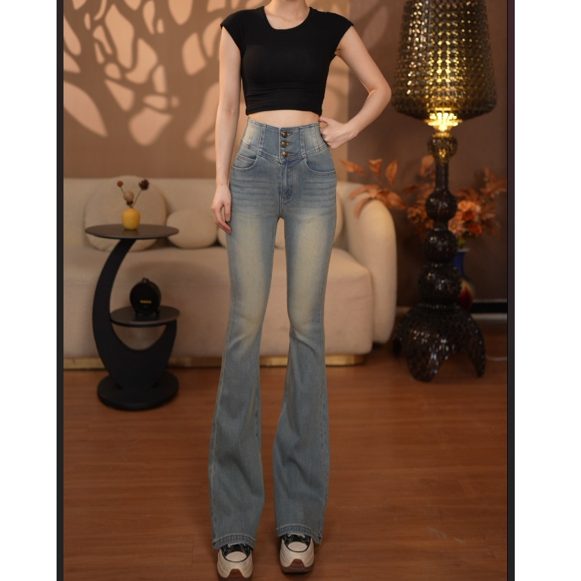【翡翠蓝】早秋微喇裤四面弹修身2025牛仔裤女显瘦提臀喇叭高腰弹力