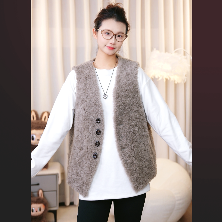 女短款冬季法式秋冬女士马夹时尚百搭宽松毛绒圆领