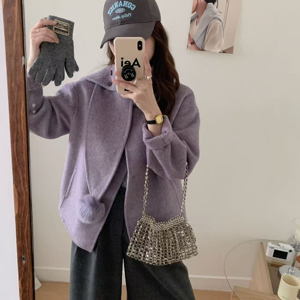 七言家    #法式星黛露紫围巾狐狸毛球手工羊毛双面呢外套