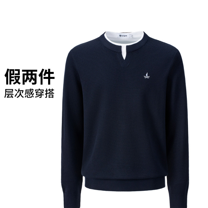 [假两件]navigare意大利小帆船双层领设计长袖针织衫男华夫格上衣