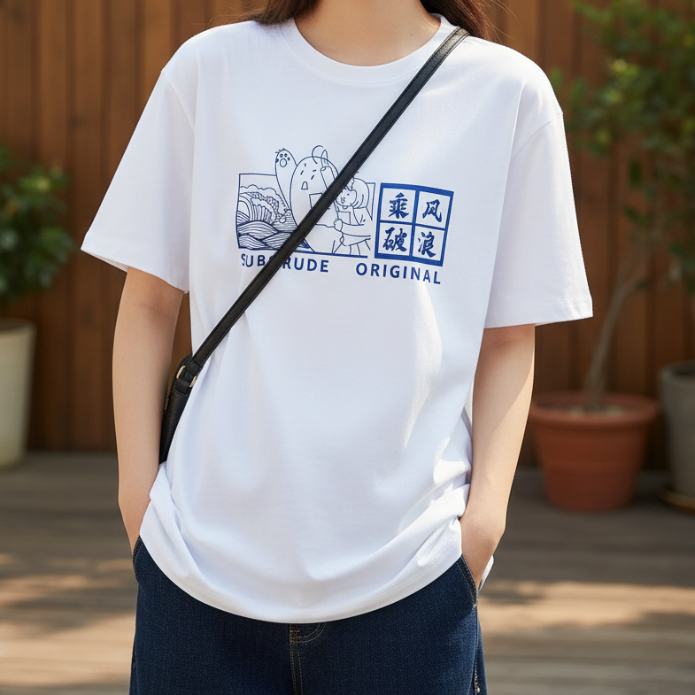 00106日系风短袖体恤男女装夏季乘风破浪印花半袖体恤上衣