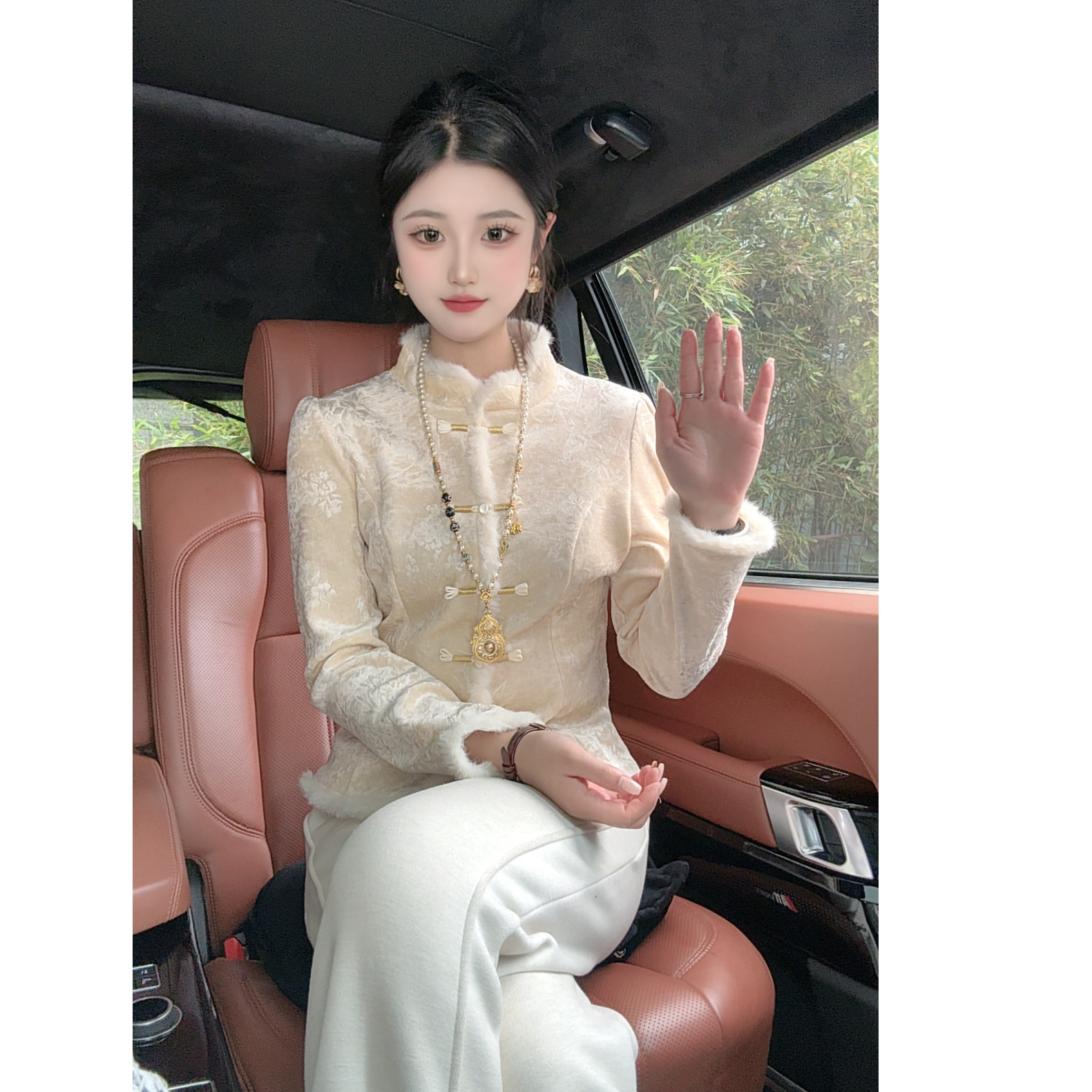 【小白狐】2025秋冬新中式国风加绒加厚提花修身弹力打底衫上衣930