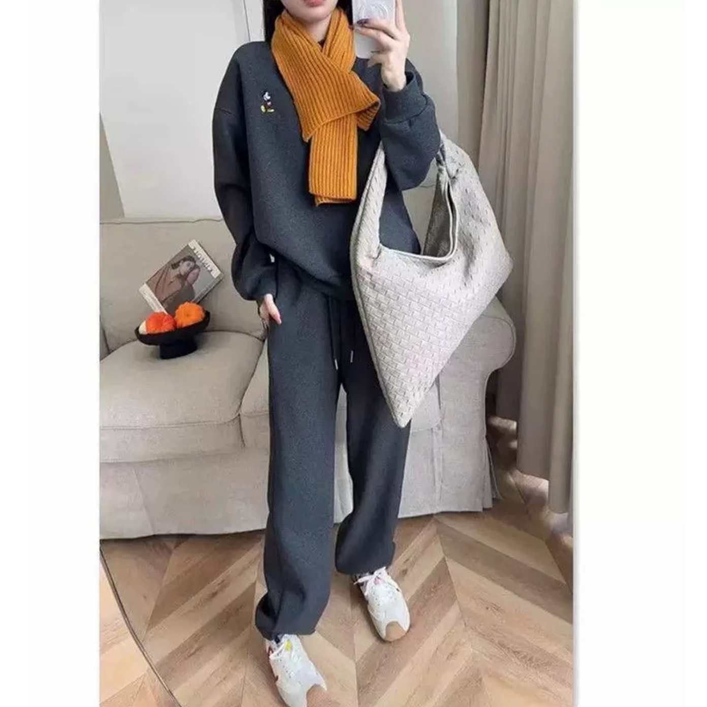 卡通刺绣加绒加厚慵懒风运动服套装女减龄卫衣+束脚卫裤三件套冬