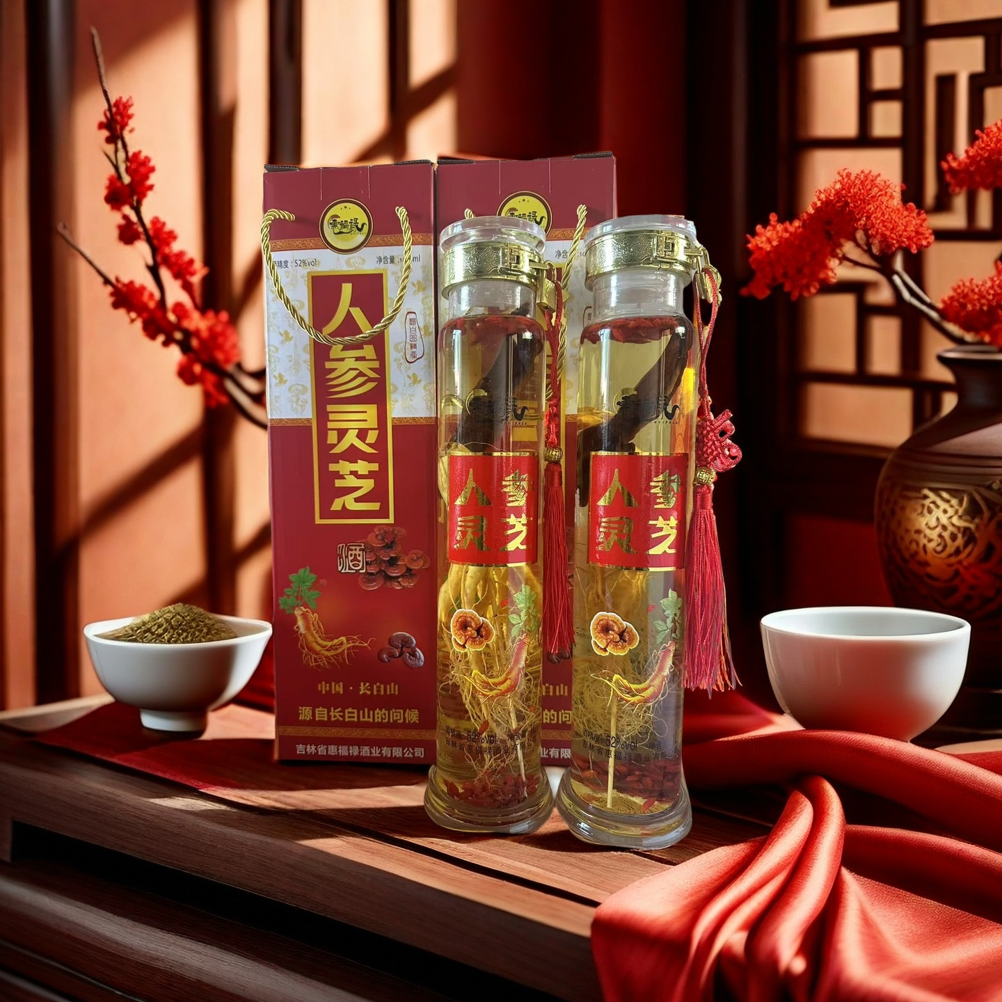 惠福禄52度人参灵芝酒1L*2瓶【W】52度1L