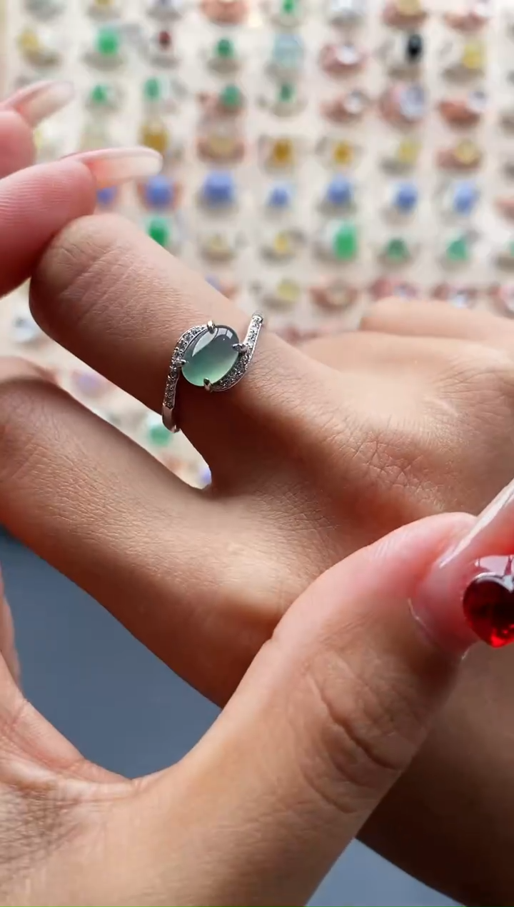 【闪购商品】翡翠戒指银S925镶嵌缅甸天然A货翡翠444 8+8