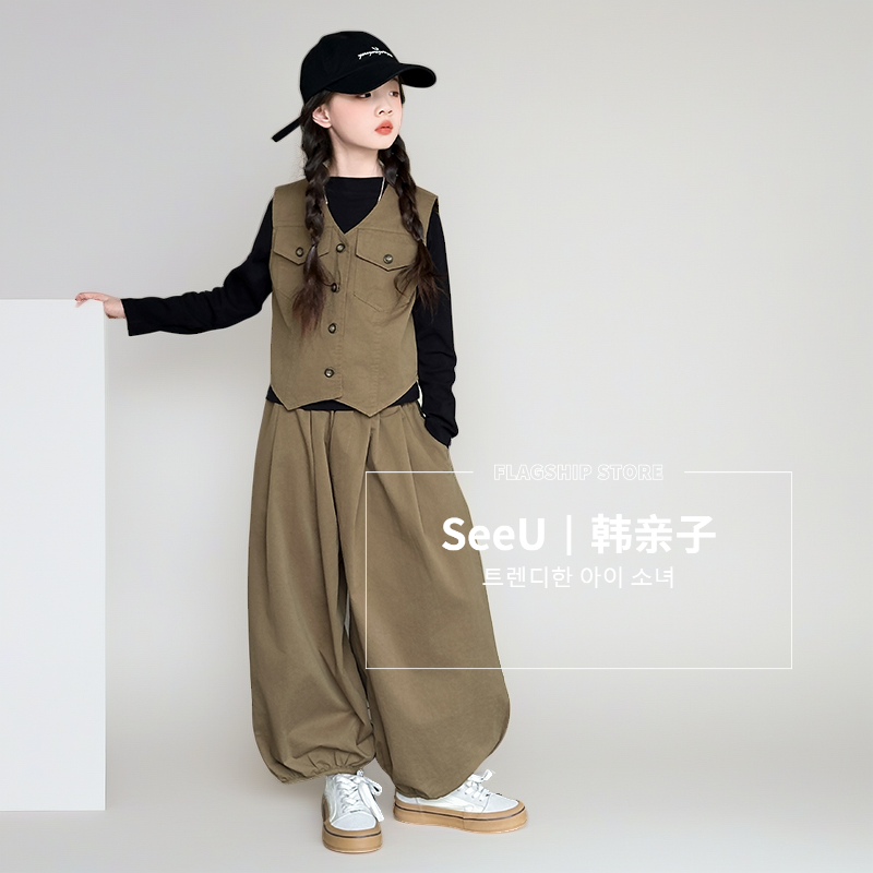 女童春秋套装2025新款儿童洋气时髦韩版休闲马甲长袖三件套