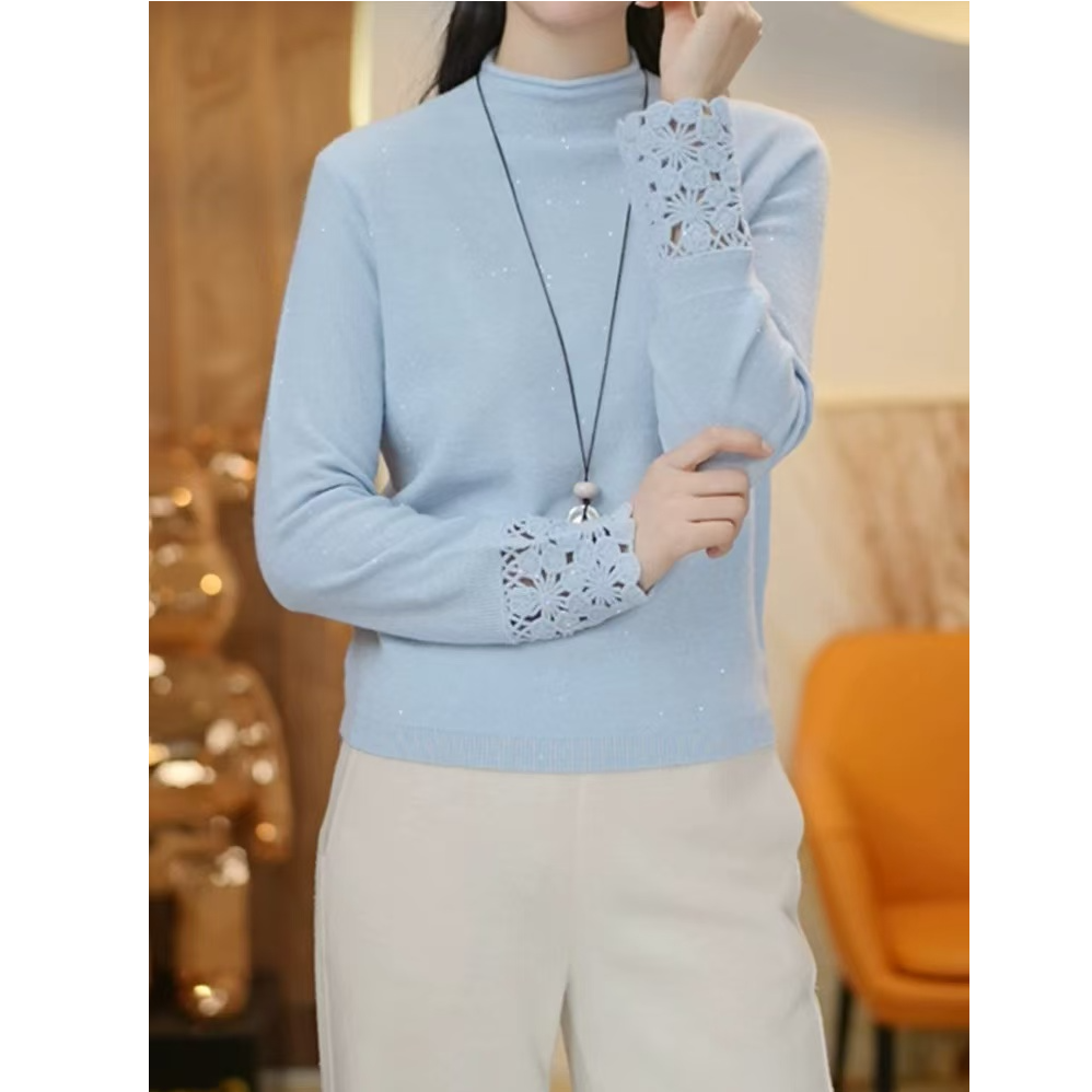 秋冬新款卷边领亮片混纺花边袖气质轻奢针织套头打底毛衣女1543