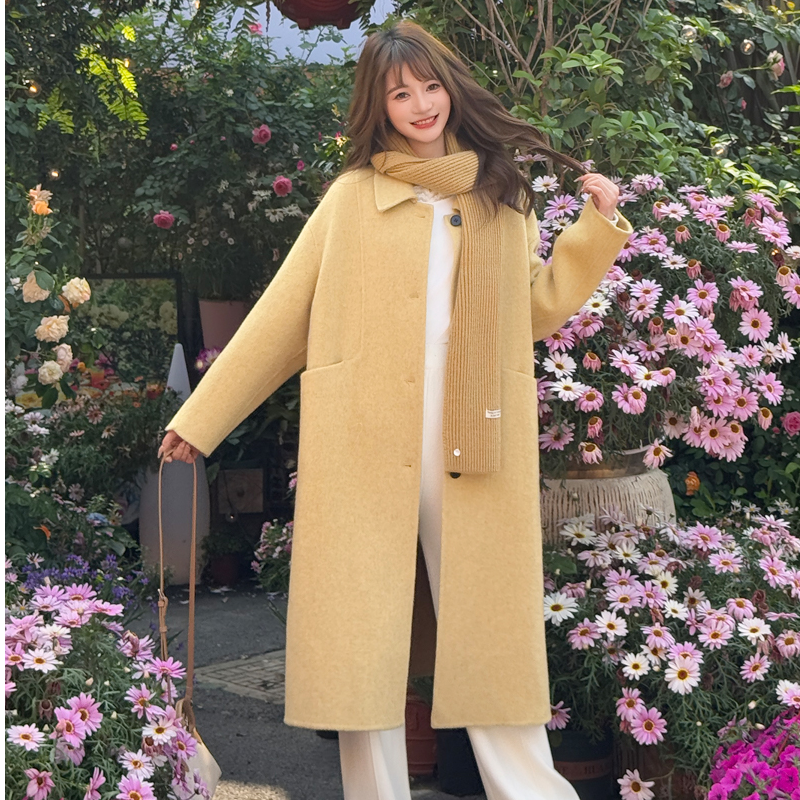 时尚宽松极简设计经典秋冬高级感甜美风长款A字型羊毛大衣 25904