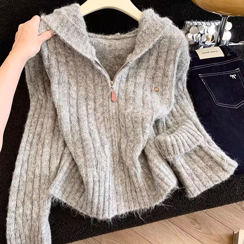 时尚休闲松弛感连帽长袖针织毛衣女秋冬季新款宽松百搭外套上衣