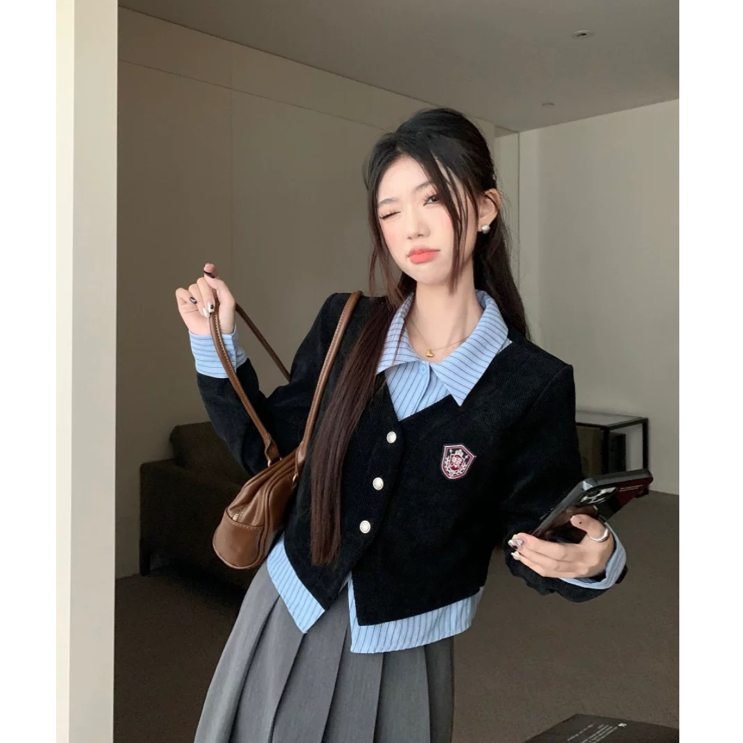 学院风套装女假两件POLO领长袖衬衫上衣秋季高腰百褶半身裙两件套