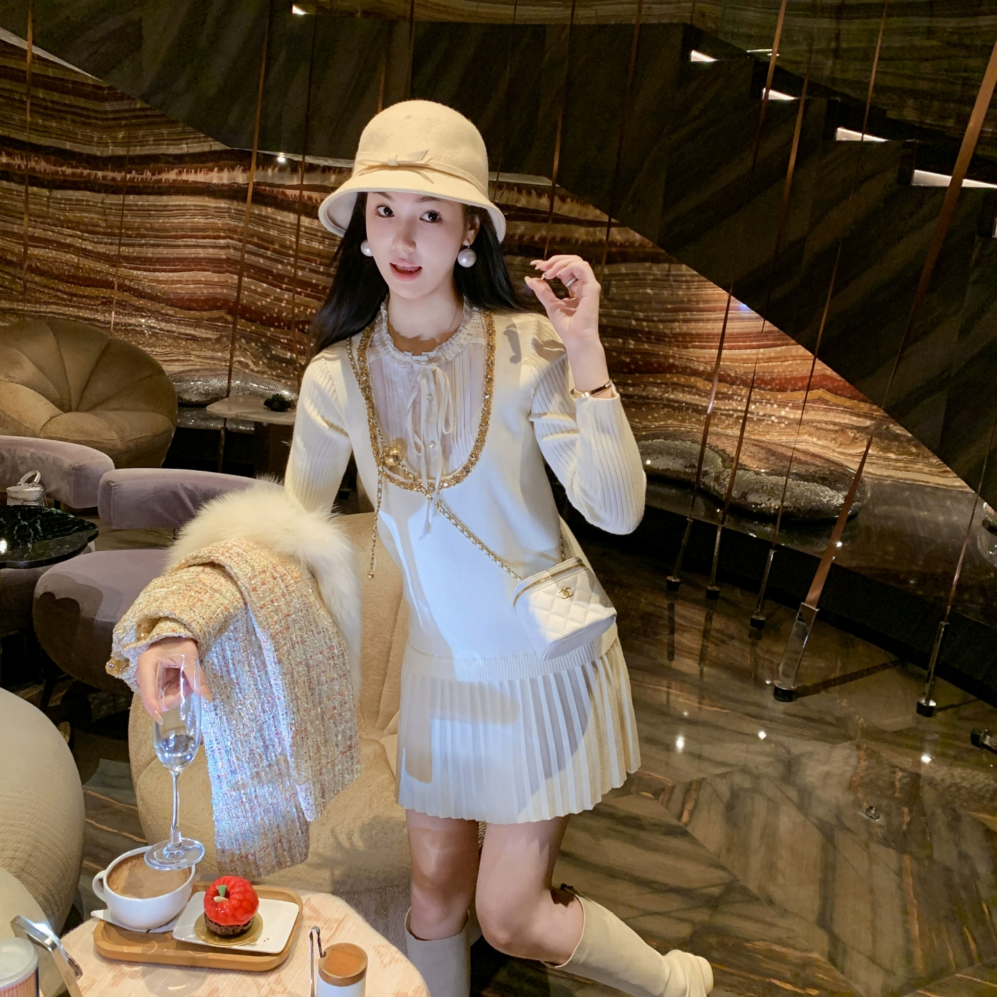 学院风假两件拼接压褶针织连衣裙女2025秋季新款重工小香风裙子