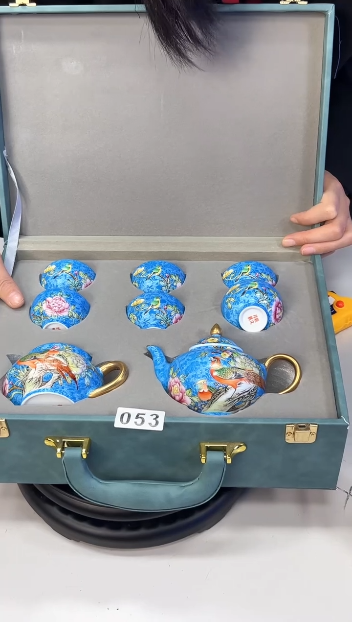 【闪购商品】其他天蓝底扒花花鸟公道茶具套组053