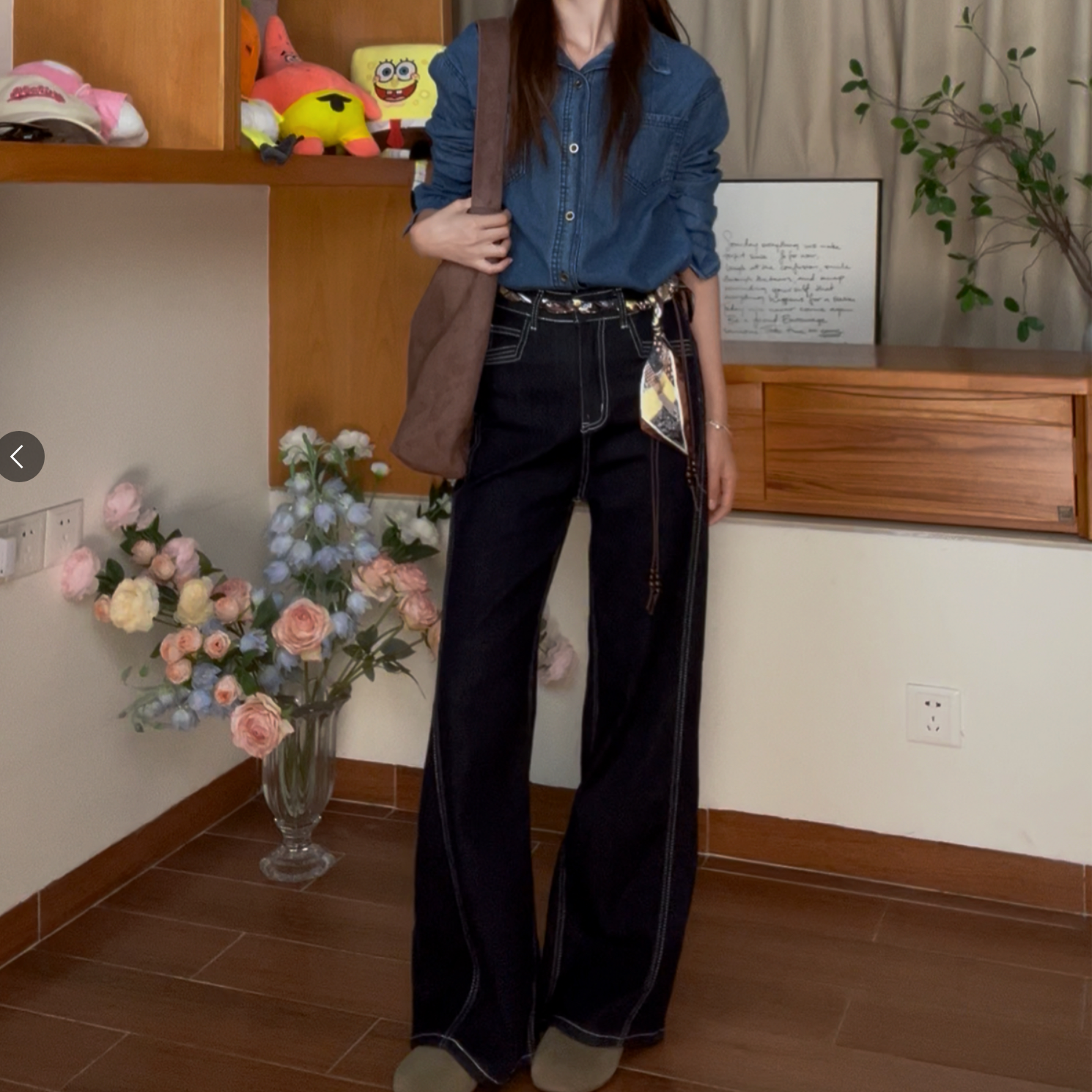 黑金蓝弹力秋季欧美风高腰阔腿牛仔裤复古蓝抽绳设计感长裤