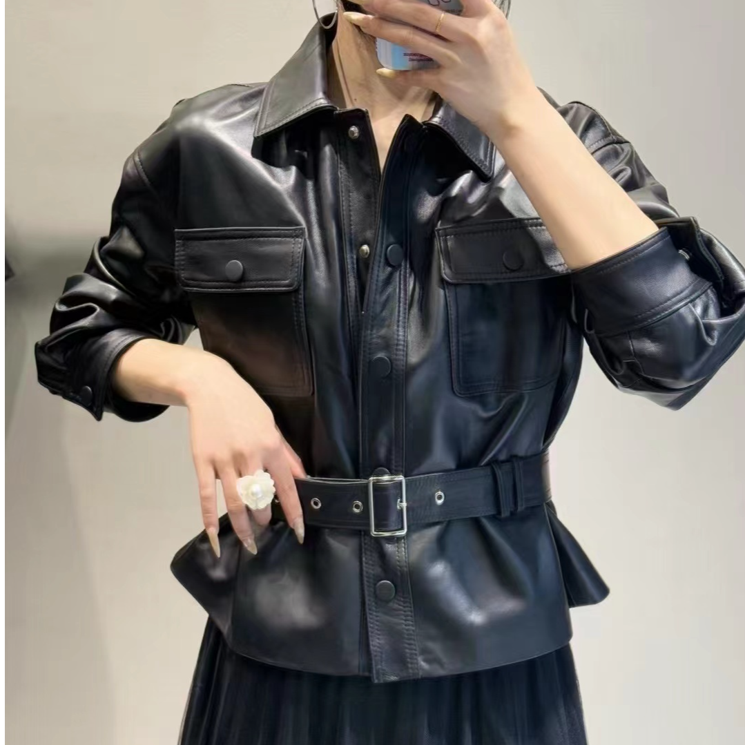 设计感收腰显瘦气质女人皮夹克