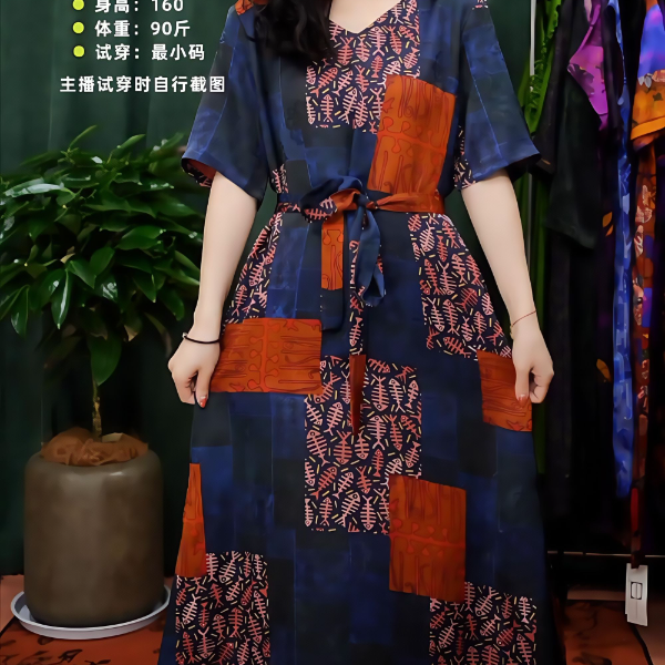 年年有鱼大字领百家布拼接长裙连衣裙