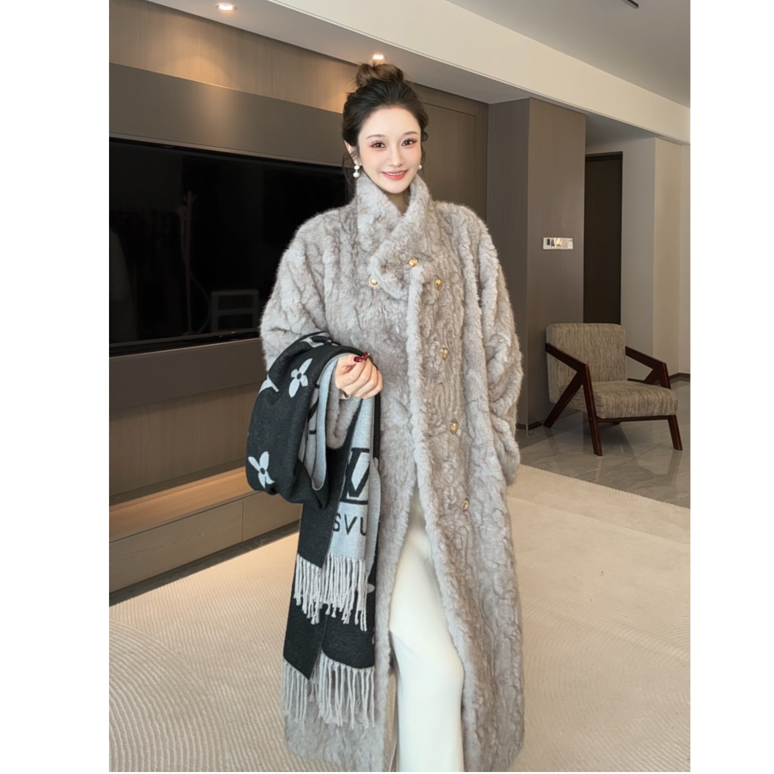 2025新款皮毛一体小立领仿小湖羊毛毛时尚设计师中长款气质外套