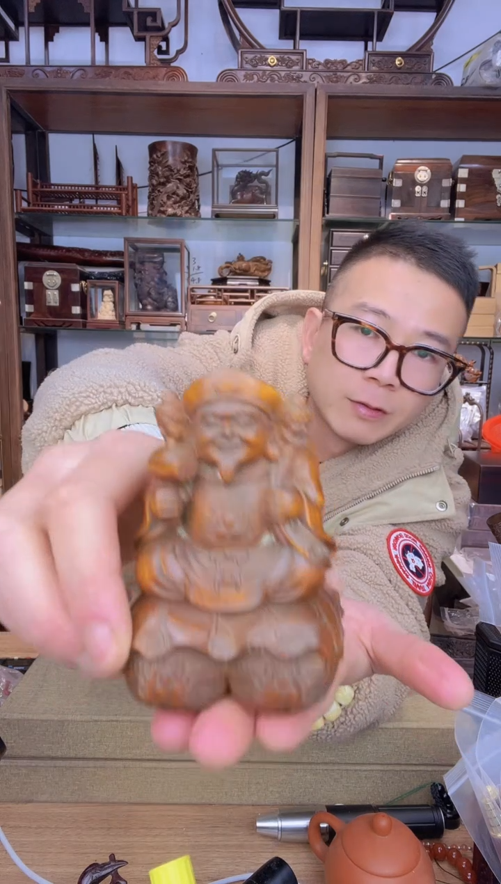 【闪购商品】乌木类书架116黄杨做旧大黑天摆件