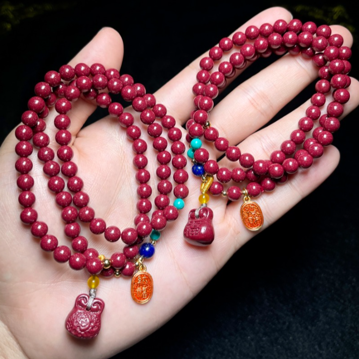 含辰砂工艺品菲菲珠宝好%朱砂三圈手串福袋坠圆珠约6mm多样性发一